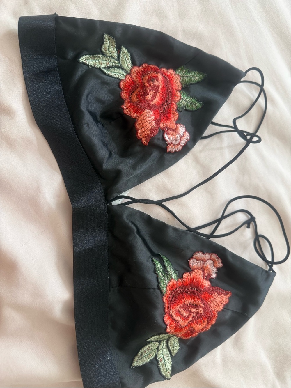 Stella Luce Black Satin Triangle Bralette with Red Rose Appliqué